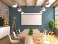 A meeting room with an empty white screen for the projector on the wall. The interior of the conference hall in loft style. 3D vis Royalty Free Stock Photo