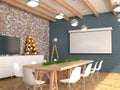 A meeting room with an empty white screen for the projector on the wall. The interior of the conference hall in loft style. 3D vis Royalty Free Stock Photo