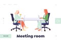 Meeting room landing page design template with woman coworker characters holding virtual conference