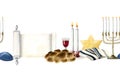 Meeting Shabbat ceremony horizontal seamless border with Jewish challah bread, wine, Torah scroll, menorah candles