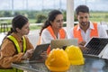 Meeting team technician solar cell meeting brainstorm. Engineer working research project set up solar cell panel renewable at Royalty Free Stock Photo