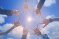 Meeting teamwork concept, Friendship group with hands showing unity on blue sky background, Symbol for love Royalty Free Stock Photo