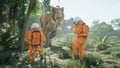 A meeting of two time-traveler astronauts and a predatory Tyrannosaurus rex in a prehistoric Jurassic park. 3D Rendering