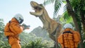 A meeting of two time-traveler astronauts and a predatory Tyrannosaurus rex in a prehistoric Jurassic park. 3D Rendering