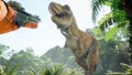A meeting of two time-traveler astronauts and a predatory Tyrannosaurus rex in a prehistoric Jurassic park. 3D Rendering