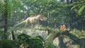 A meeting of two time-traveler astronauts and a predatory Tyrannosaurus rex in a prehistoric Jurassic park. 3D Rendering