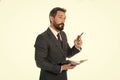 Before meeting write down information must convey and need ask. Businessman planning schedule hold notepad. Man bearded