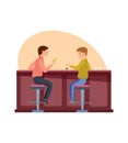 Meeting of young fun and smiling men, happy friends eating in bar, sitting, talking, and drinking cocktail. Royalty Free Stock Photo