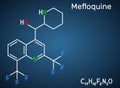 Mefloquine, C17H16F6N2O antimalarial drug molecule. It is medication used to treat malaria, coronavirus disease COVID-19.