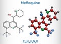 Mefloquine, C17H16F6N2O antimalarial drug molecule. It is medication used to treat malaria, coronavirus disease COVID-19.