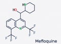 Mefloquine, C17H16F6N2O antimalarial drug molecule. It is medication used to treat malaria, coronavirus disease COVID-19. Skeletal