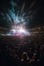 Mega concert of famous band in big stadium with lighting effects.