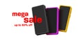 Mega electronics sale with 3d Smartphone illustration, render cartoon style with empty screen, three devices