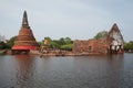 Mega floods at Ayuttaya temple in Thailand. Royalty Free Stock Photo