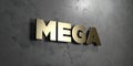 Mega - Gold sign mounted on glossy marble wall - 3D rendered royalty free stock illustration