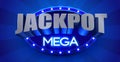 Mega Jackpot 3D text on blue radiant background with neon frame. Royalty Free Stock Photo