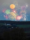 Mega Moon with fireworks display over country farm