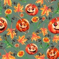 Halloween seamless pattern..An ordinary pumpkin with a carved cheerful smile. Jack`s lamp. Autumn background