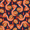 Mega popular Halloween seamless pattern. An ordinary pumpkin with a carved cheerful smile. Jack`s lamp Royalty Free Stock Photo