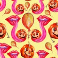 Mega popular Halloween seamless pattern. Halloween pumpkin cheerful with smile, happy face and lips with tongue