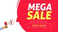 Mega sale banner design with limited time discount offer vector illustration, flat clearance promotion or special deal