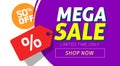 Mega sale banner design with price discount offer tag vector illustration, flat clearance promotion or special deal off