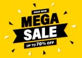 Mega Sale banner, special offer and sale. Shop now or this weekend only. Up to 50 or 60 or 70 off. Discount, mega sale. Vector Royalty Free Stock Photo