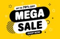 Mega Sale banner, special offer and sale. Shop now or this weekend only. Up to 50 or 60 or 70 off. Discount, mega sale. Vector Royalty Free Stock Photo