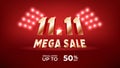 11.11 Mega sale banner template. Golden numbers 11.11 on red background