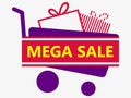Mega sale banner with trolley and gifts. Shopping cart with gift boxes and gradient. Vecton Royalty Free Stock Photo