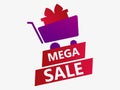 Mega sale banner with trolley and gifts. Shopping cart with gift boxes and gradient. Vecton Royalty Free Stock Photo