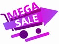 Mega sale banner with trolley and gifts. Shopping cart with gift boxes and gradient. Vecton Royalty Free Stock Photo