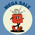 Banner collage mega sale in retro poster style. Cute cartoon character bag