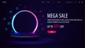 Mega sale, dark discount banner with offer and empty 3d podium with line gradient neon ring on background