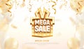 Mega sale gift box like golden retro board broadway sign vector illustration. Special offer discount with confetti on