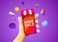 Mega sale mockup. Hand holding mobile smart phone with shop app. Online shopping concept.