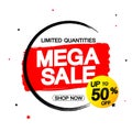 Mega Sale 50% off, banner design template, discount tag, grunge brush, limited time only, vector illustration Royalty Free Stock Photo