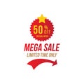 Mega Sale with 50 off and red sticker. Template of the emblem with special offer. Flat Vector EPS10 Royalty Free Stock Photo