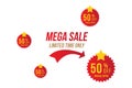 Mega Sale with 50 off and red sticker. Template of the emblem with special offer. Flat Vector EPS10 Royalty Free Stock Photo