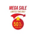 Mega Sale with 50 off and red sticker. Template of the emblem with special offer. Flat Vector EPS10 Royalty Free Stock Photo