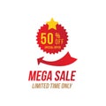 Mega Sale with 50 off and red sticker. Template of the emblem with special offer. Flat Vector EPS10 Royalty Free Stock Photo