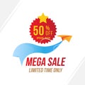 Mega Sale with 50 off and red sticker. Template of the emblem with special offer and Paper Airplane. Flat Vector EPS10 Royalty Free Stock Photo