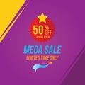 Mega Sale with 50 off and red sticker. Template of the emblem with special offer and Paper Airplane. Flat Vector EPS10 Royalty Free Stock Photo