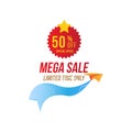 Mega Sale with 50 off and red sticker. Template of the emblem with special offer and Paper Airplane. Flat Vector EPS10 Royalty Free Stock Photo