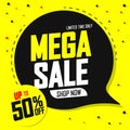 Mega Sale, 50% off, speech bubble banner discount tag design template, vector illustration Royalty Free Stock Photo