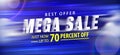 Mega sale 70 percent off promotion website banner heading design on graphic blue background vector for banner or poster. Sale and Royalty Free Stock Photo