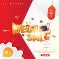 Mega sale of 50 percent special offer. Square web banner with hot discounts and voluminous text, retro TV and red hearts on a red Royalty Free Stock Photo