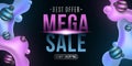 Mega sale poster. Abstract luminescent liquid neon glowing purple and blue gradient shapes on a dark background. Special offer.