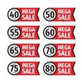 Mega sale promotion banner design. Advertising promo vector sticker set. 40, 50, 55, 60, 65, 70, 75, 80% percent badges. Busines Royalty Free Stock Photo