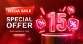 Mega sale special offer, Neon 15 off sale banner. Sign board promotion. Vector